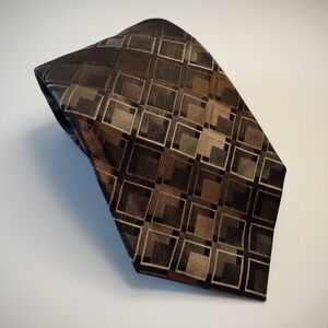 Bugatti 100% Silk Tie Brown Geometric Squares Classic Modern Necktie 58"x3.5"